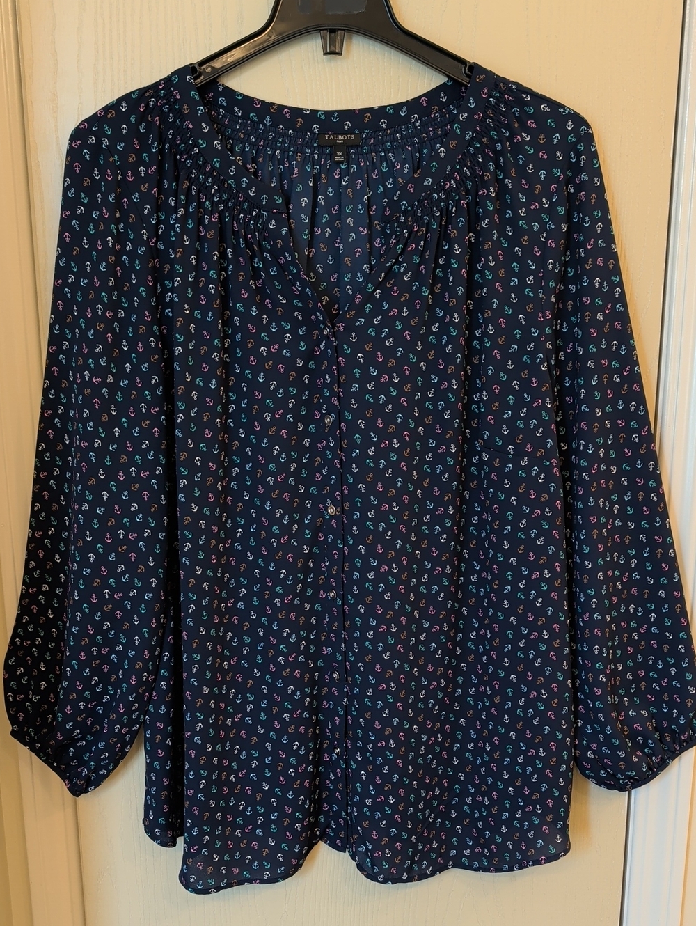 Talbots Navy Anchor Print Button Blouse 3XL Plus Size Nautical Top